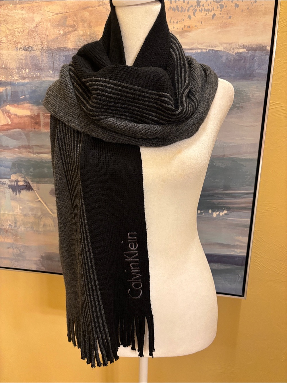 Calvin Klein Black and Gray Ribbed Knit Scarf with Fringe